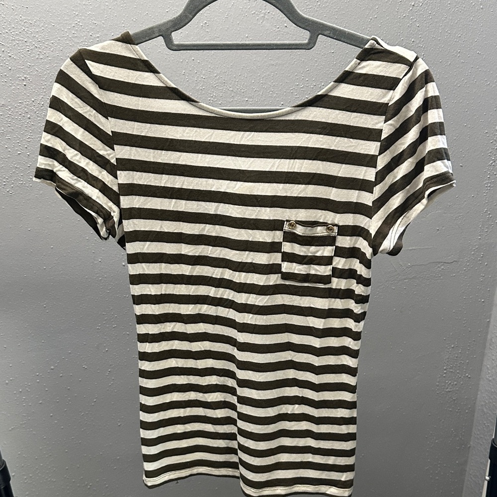 Bozzolo Olive Green and White Striped Short Sleeve Top